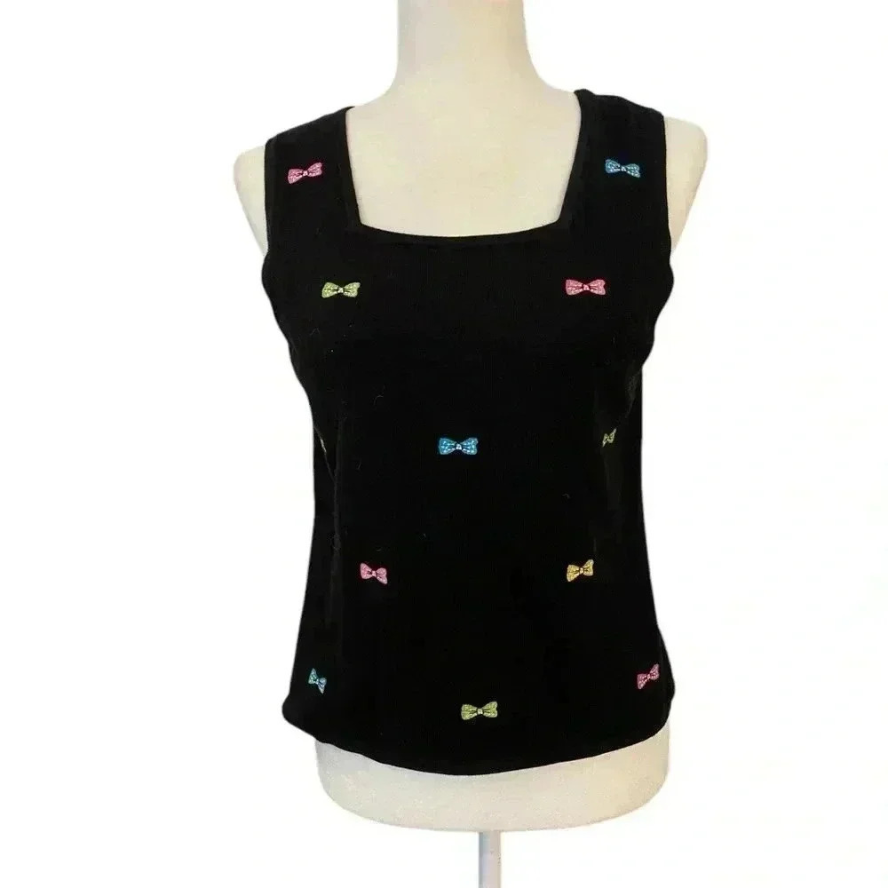 Etoile Womens Vintage Y2k Black Knit Embroidered Tank Top Size Medium Bows